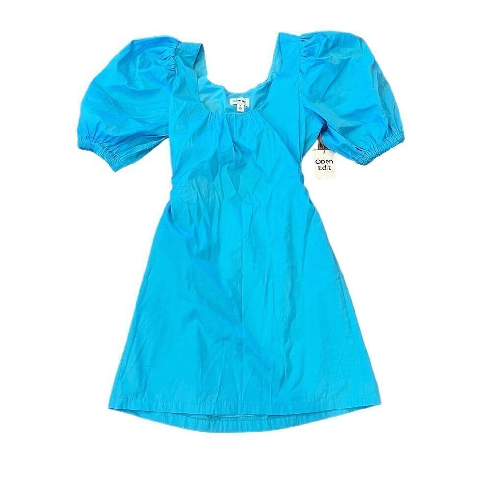 Open Edit Women's XS Puff Sleeve Mini Dress Blue $98 MSRP.